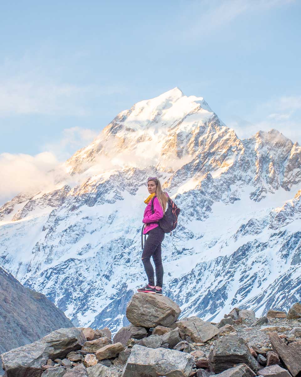 Bailey poses for a photo along the Hooker Valley Track in New Zealand