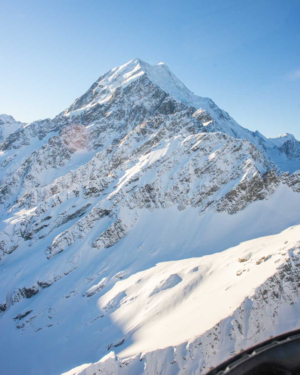 Mount Cook as seen from a helicopter flying towards the mountain
