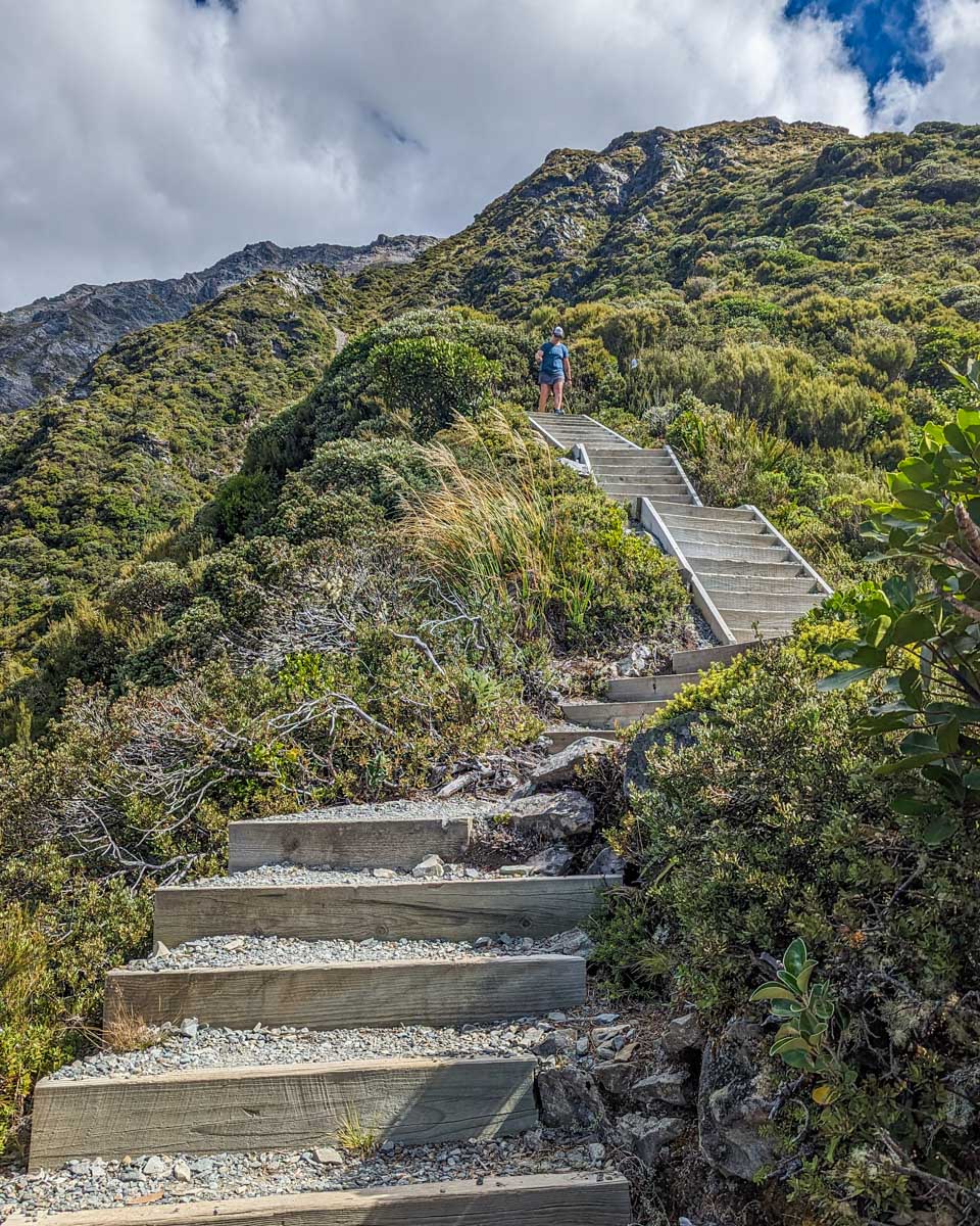 Steps up the Sealy Tarns to the Mueller Hut