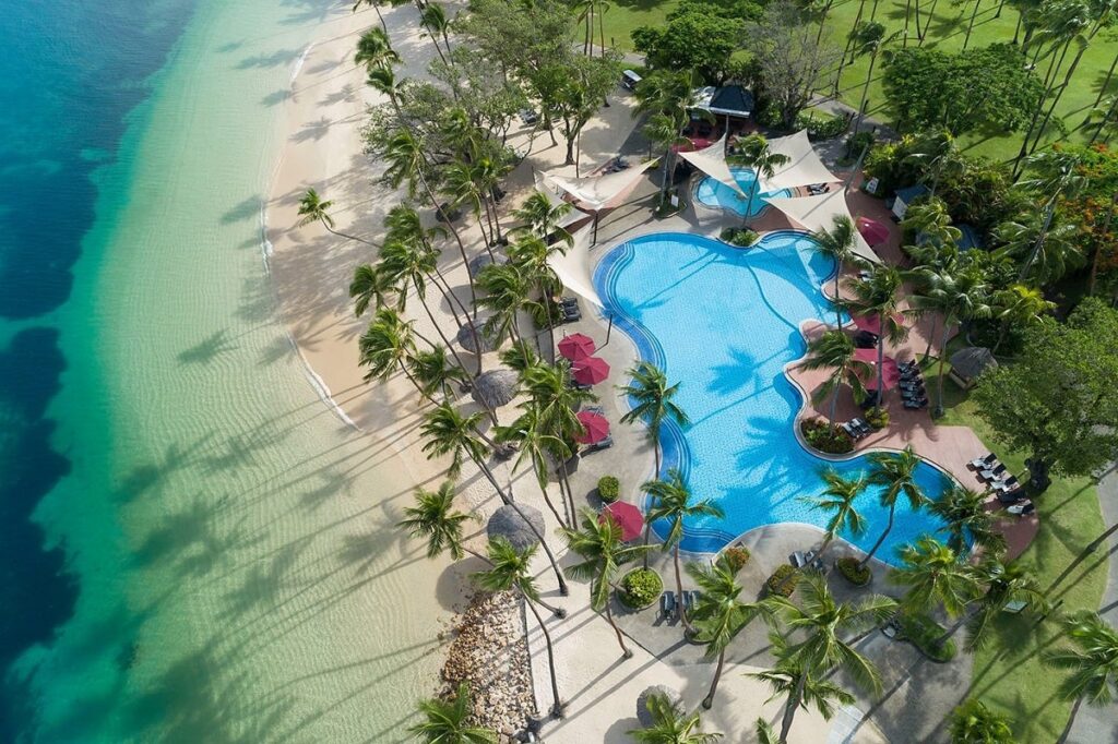 view from above of the pool at the Shrangri La Fiji Resort