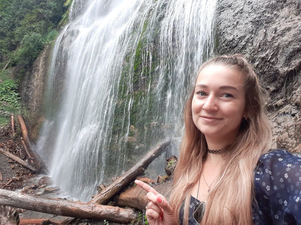 woman takes a selfie at Bridal Veil Falls