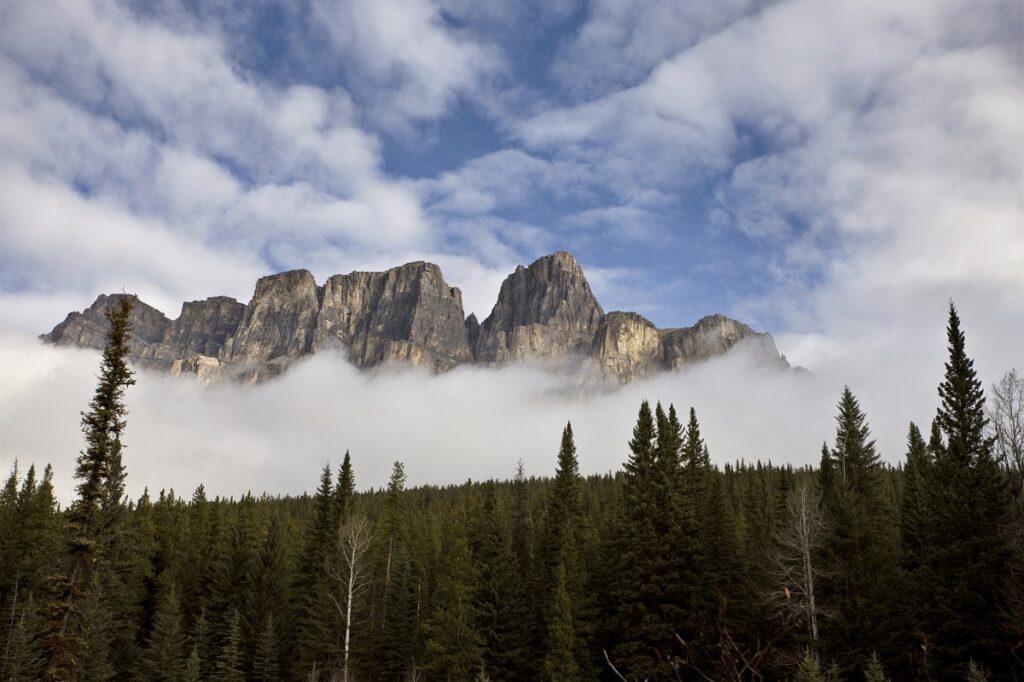 view of Castle Mountain fromt he viewpoing deck on the Bow Valley Parkway
