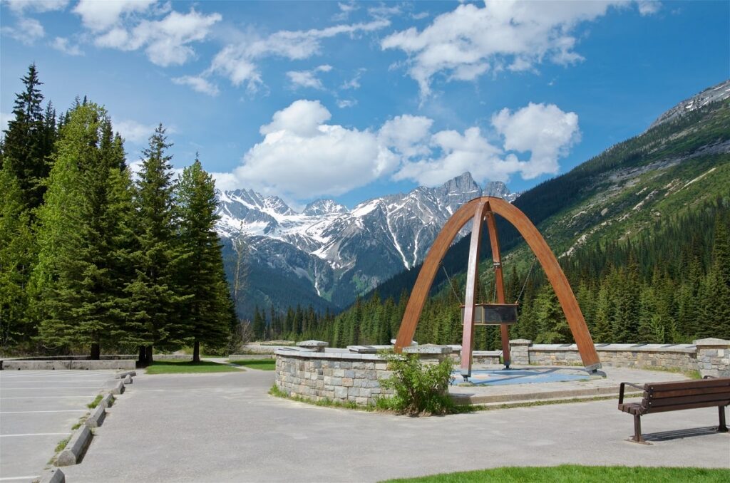 the monument at the summit of Rogers Pass in Glacier National Park