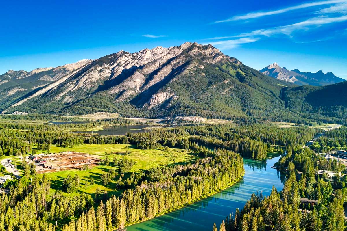 Aerial view of Banff Town on a beautiful summer day AB Canada