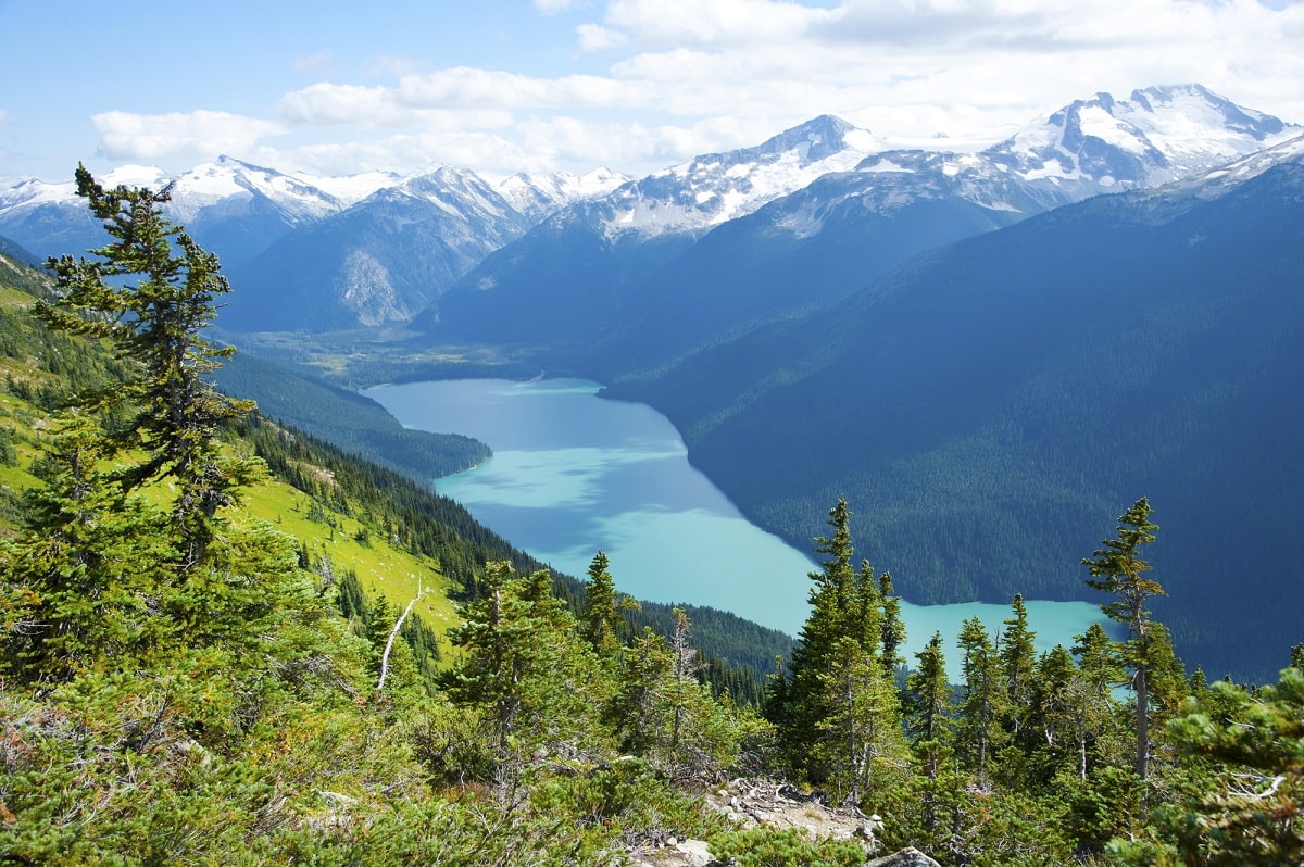 view of Cheakamus Lake from above on a sunny day
