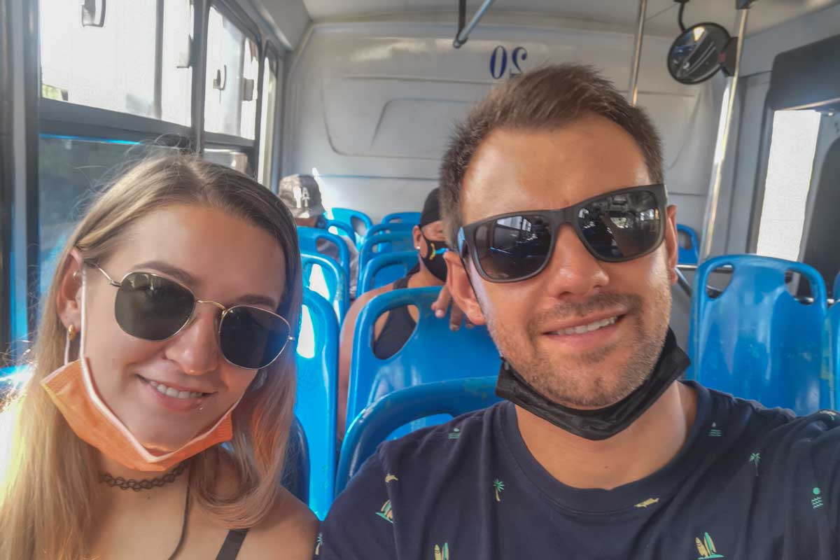 Daniel and Bailey selfie on a bus in Cancun, Mexico