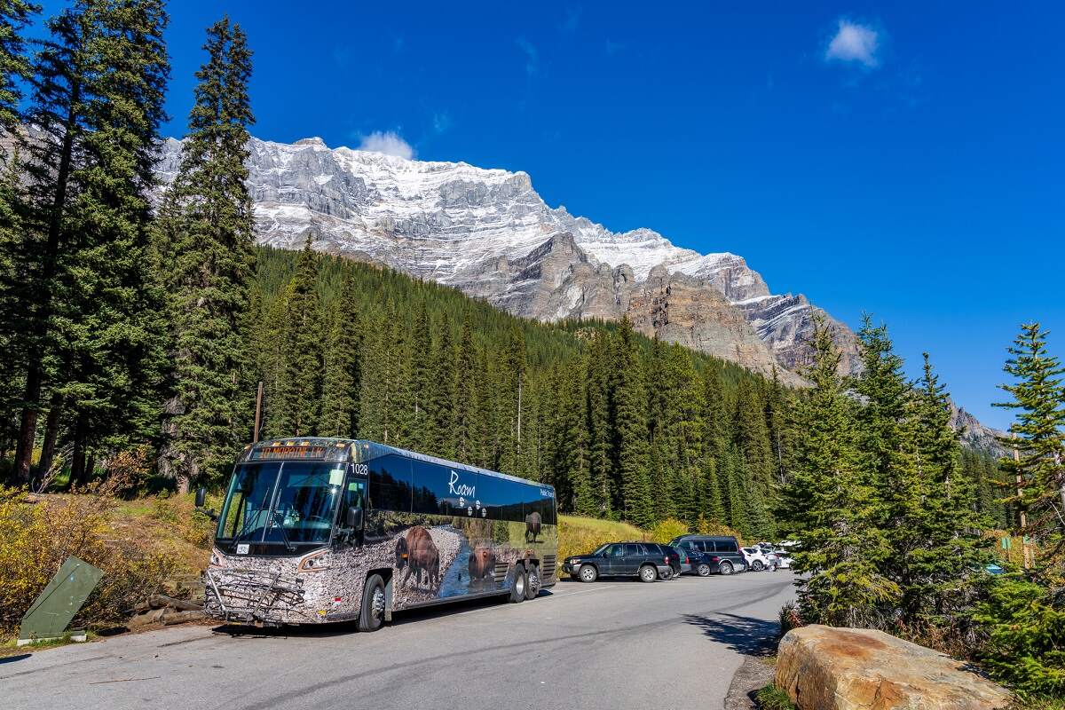 the Roam bus parking on the road to Lake Louise