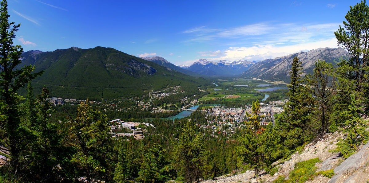 view from Tunnel Mountain Trail overlooking Banff town and the Bow Valley
