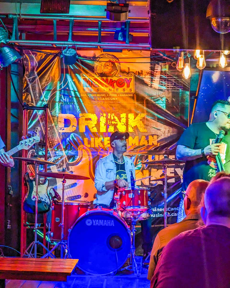 A live band plays at Monkey Buisness in Cancun, Mexico