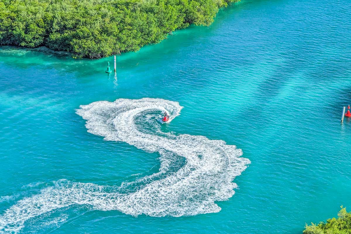 A person on a jet ski in the lagoon in Cancun, Mexico