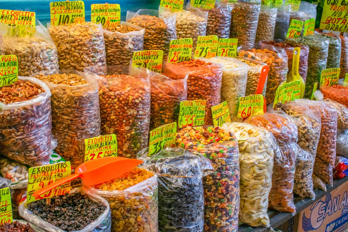 Bags of fresh produce at the markets Mercado Benito Juárez in Oaxaca, mexico