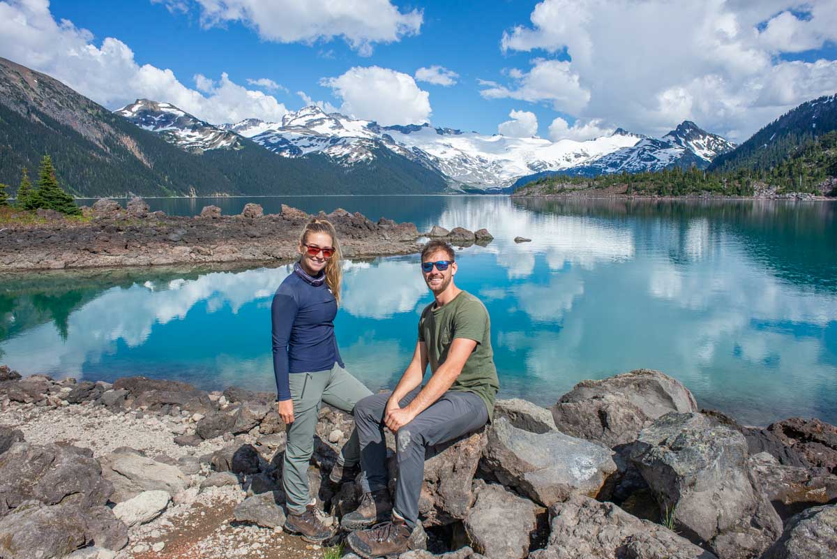 Bailey and Daniel take a photo on the edge of Garibaldi Lake