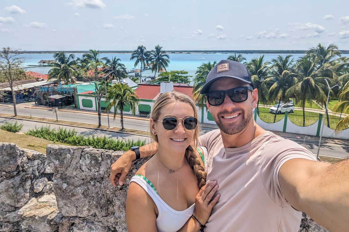 Daniel and Bailey take a selfie on Fort San Felipe in Bacalar, Mexico