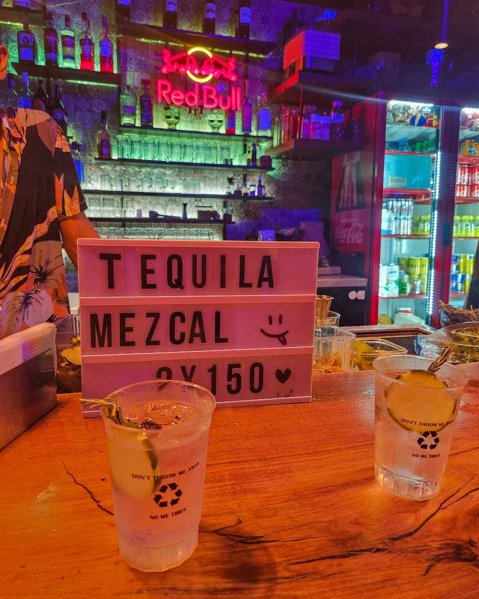 Two drinks on the bar at The Yak Lake House in Bacalar, Mexico