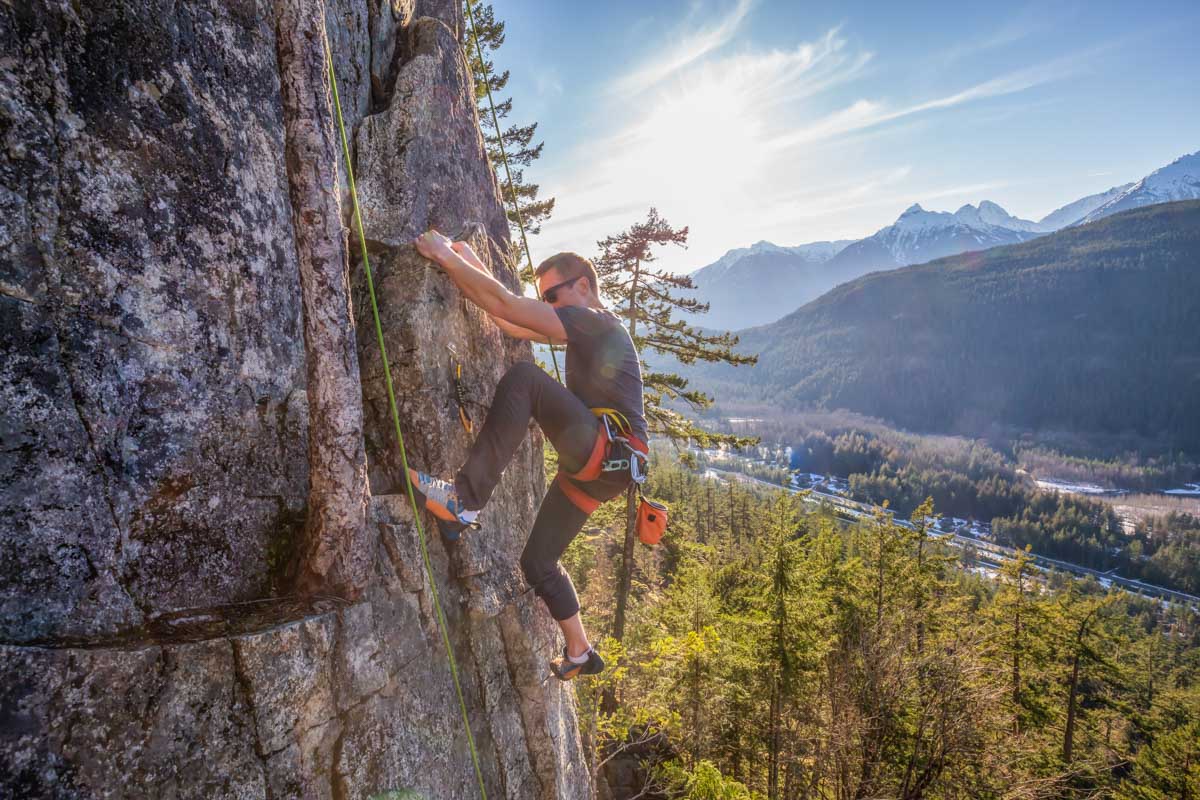 A man rock-climbing in Squamish, BC