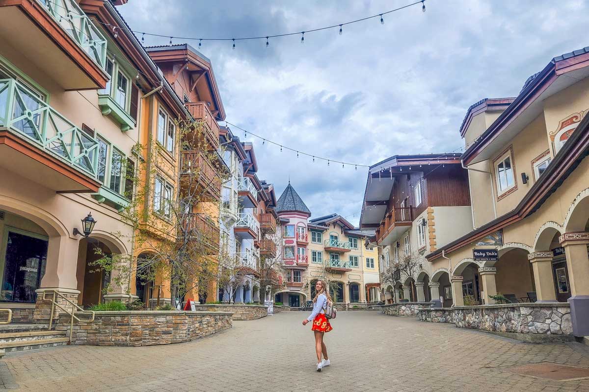 Bailey walks Sun Peaks Resort Village near Kamloops, BC