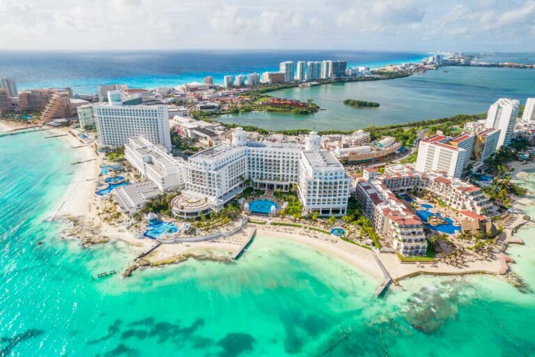 Birds eye view of the Cancun Hotel zone on a beautiful day