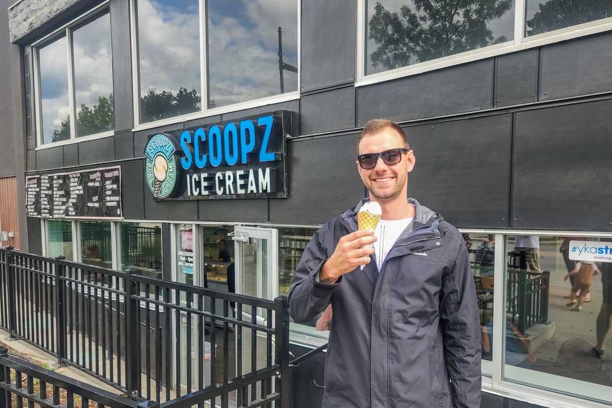 Daniel enjoys an icecream at Scoopz, Kamloops