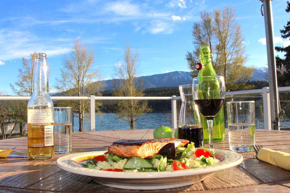 Food and lake view at Cafe Allium in Invermere, Canada