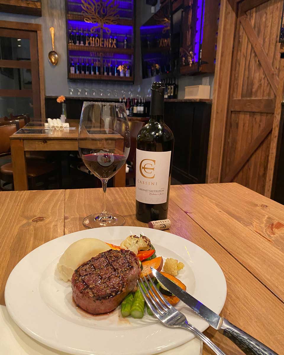 A steak a wine dinner at The Phoenix Steakhouse