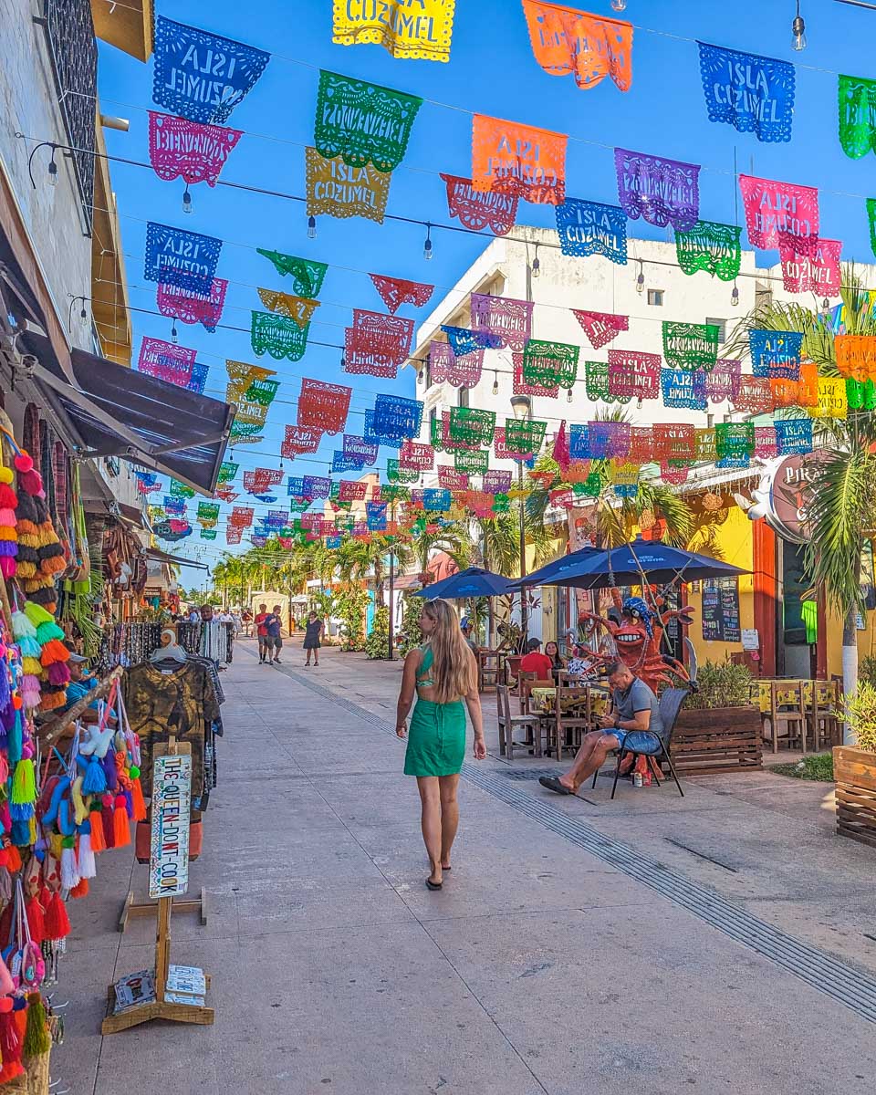 Bailey walks along 5a Avendia sol on San Miguel de Cozumel, Mexico