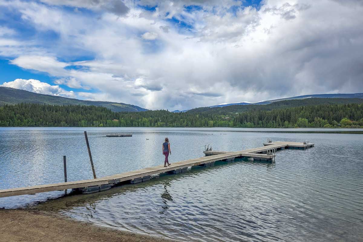 Bailey walks along the dock at Dutch Lake in Clearwater, BC