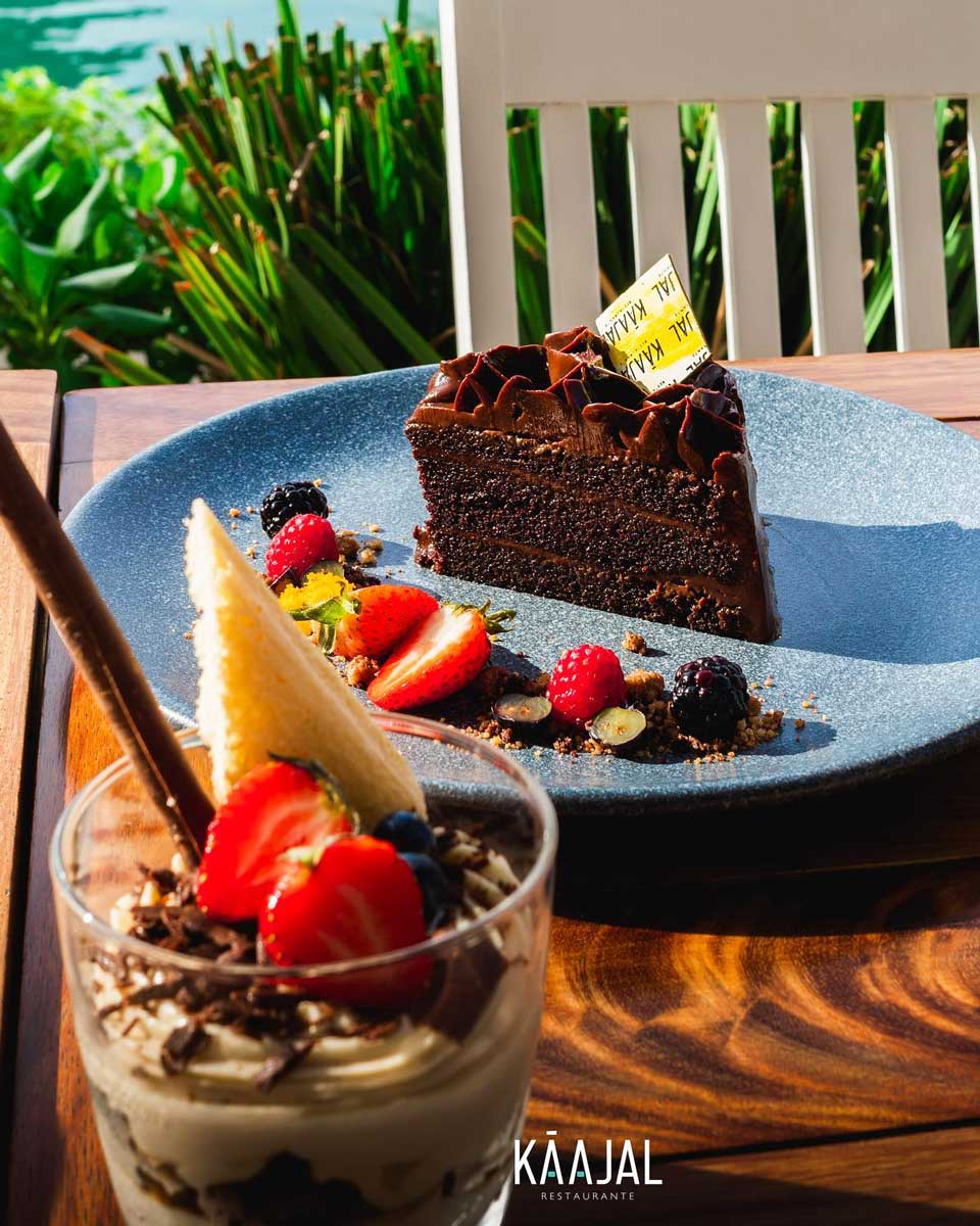 Chocolate cake and drink from 13 Restaurante Käajal in Cancun, Mexico