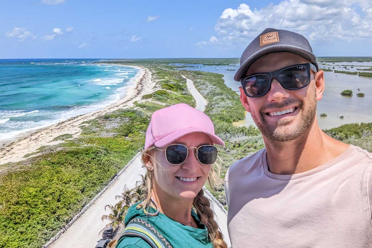 Daniel and Bailey take a selfie at the top of Celarain Lighthouse on Cozumel, Mexico