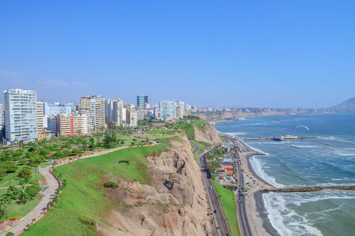 Miraflores coastline with views of the bike path on a bike tour in Lima, Peru