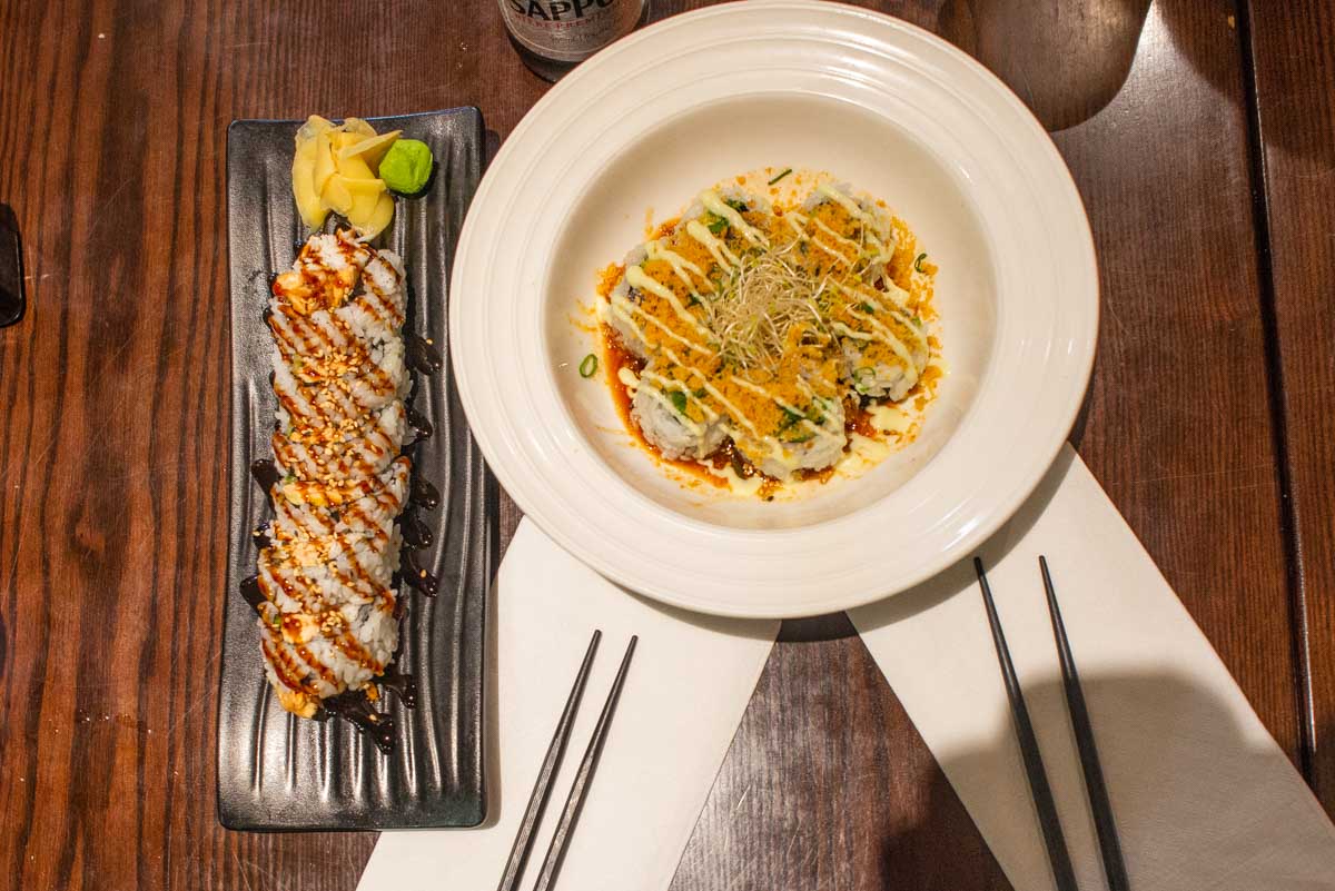 Two plates of sushi at a restaurant in Yaletown, Vancouver