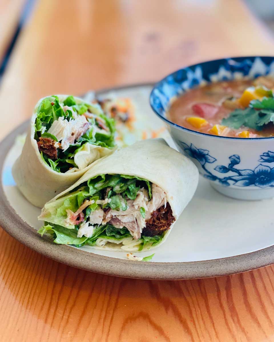 A wrap and soup at Wild Flour Cafe Bakery, Clearwater, BC
