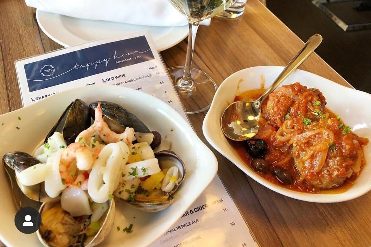 Risotto balls and seafood salad from TBW - The Wine Bar in Yaletown, Vancouver