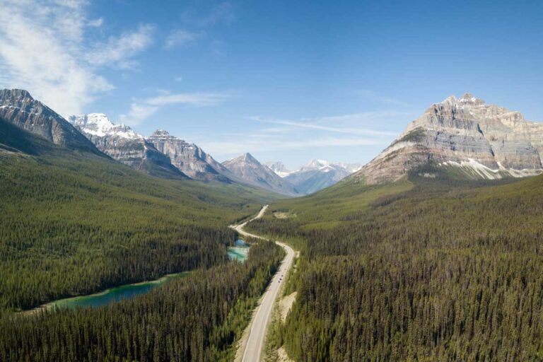 Arial shot of a road in Banff National Park