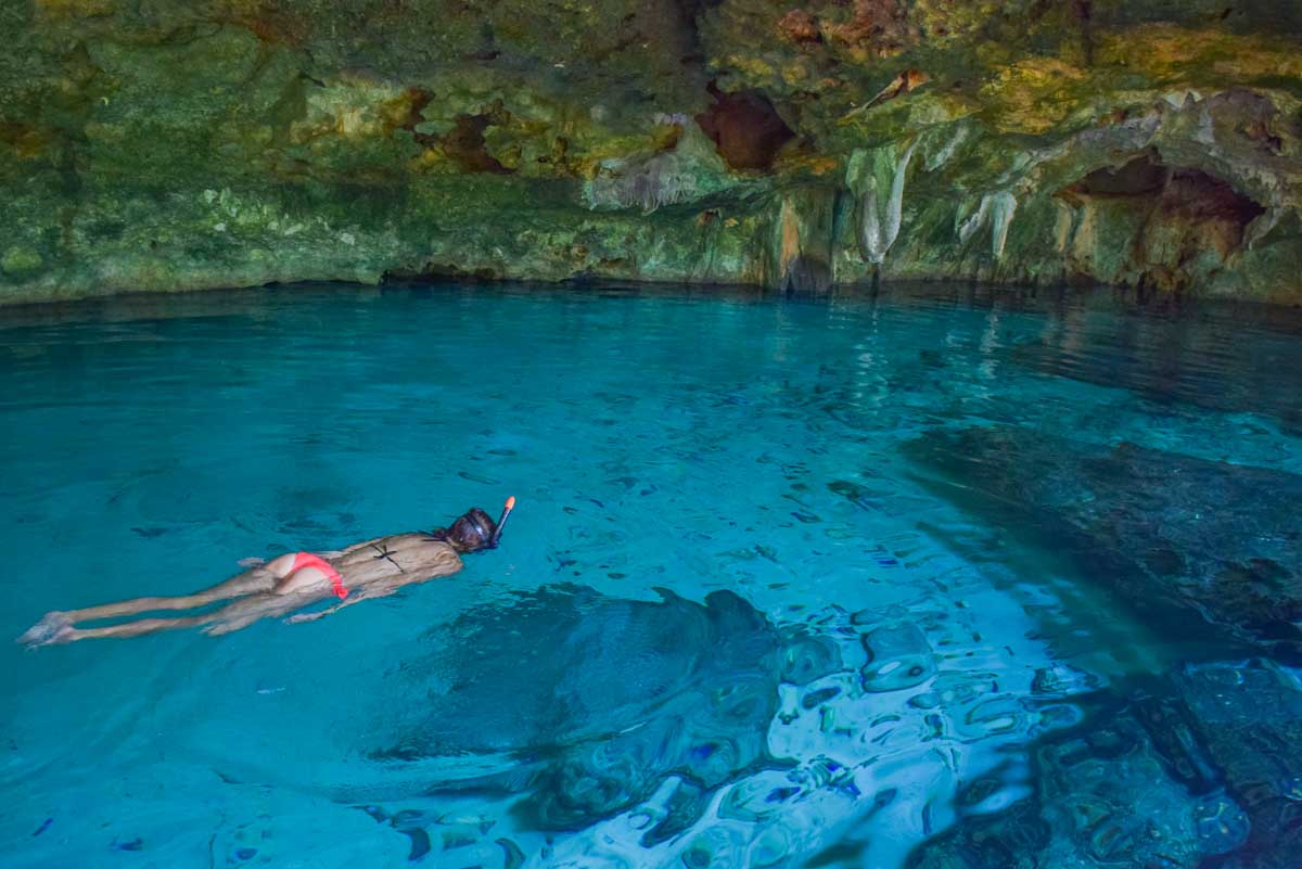 Bailey snorkeling in Cenote Dos Ojos near Tulum, Mexico