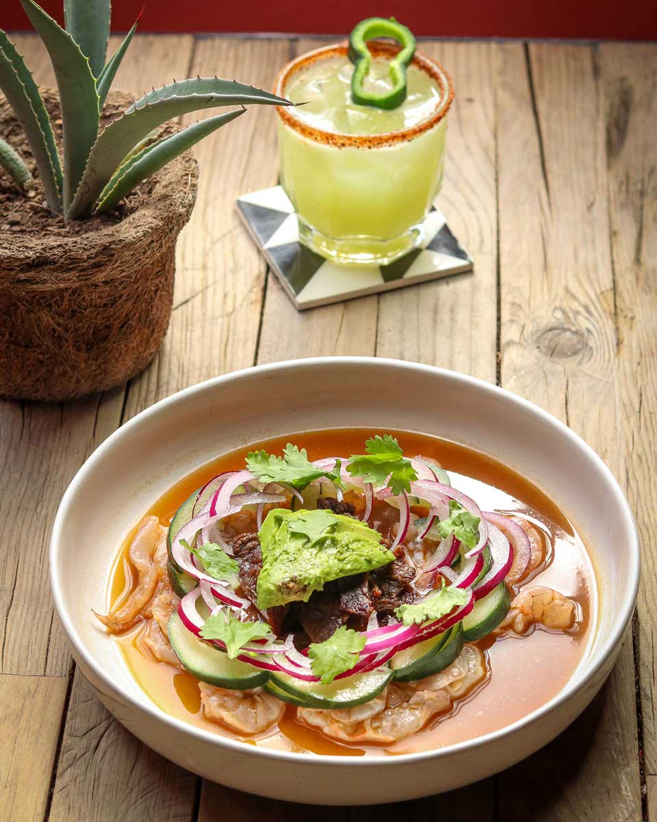 Aguachile red chiltepin chili with shrimp and fried jerky from Expendio Tradicion in Oaxaca, Mexico