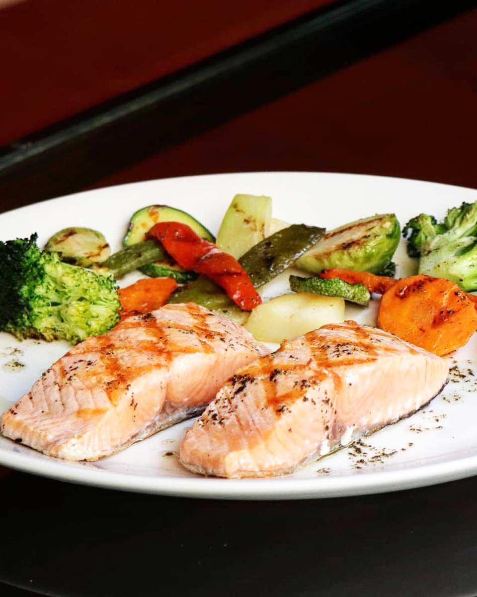 Grilled salmon at Tr3s 3istro Restaurant Oyster Bar in Oaxaca, Mexico