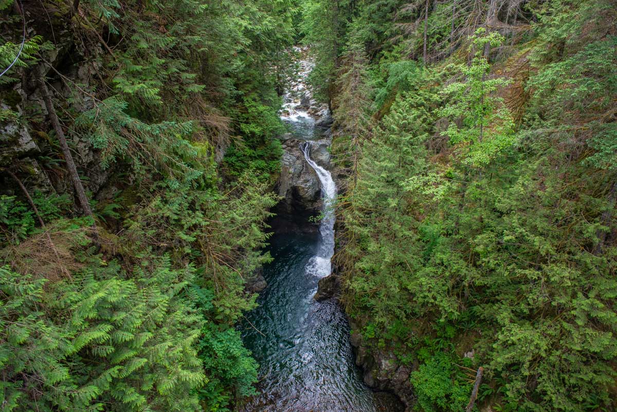 A waterfall in Lynn Canyon as seen from the Suspension Bridge