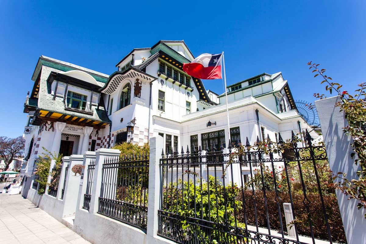 The outside of the Baburizza Palace in Valparaiso, Chile
