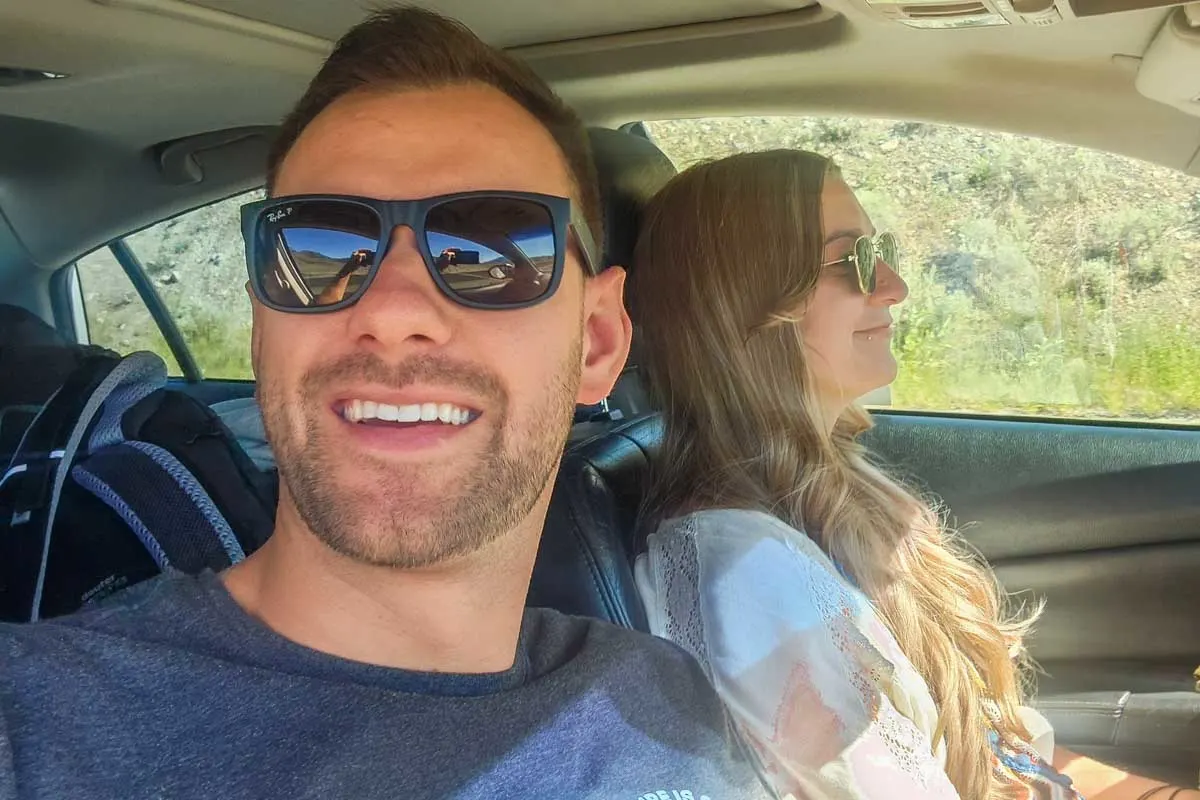 Bailey and Daniel in a rental car in Mexico