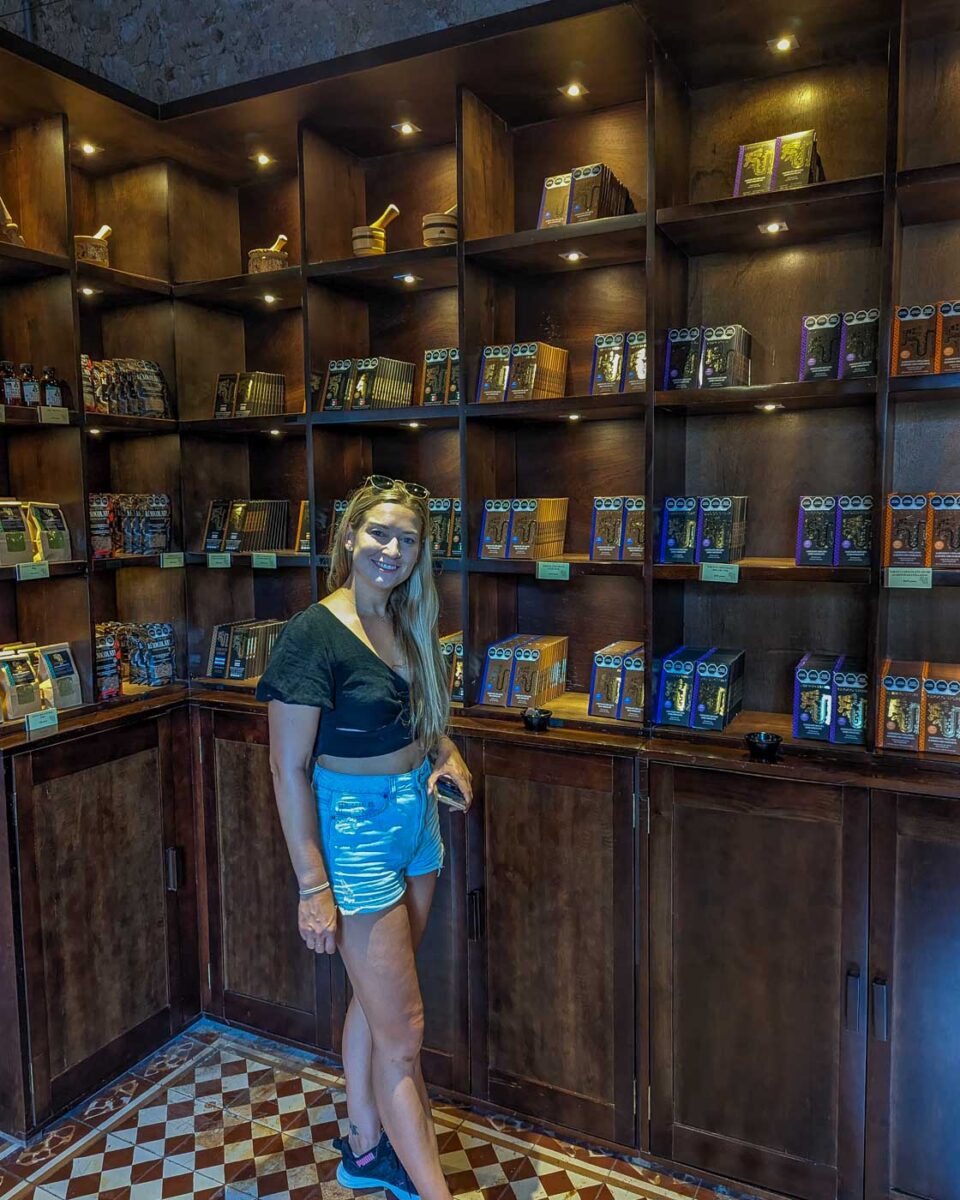 Bailey browses chocolate at Choco-Story in Valladolid