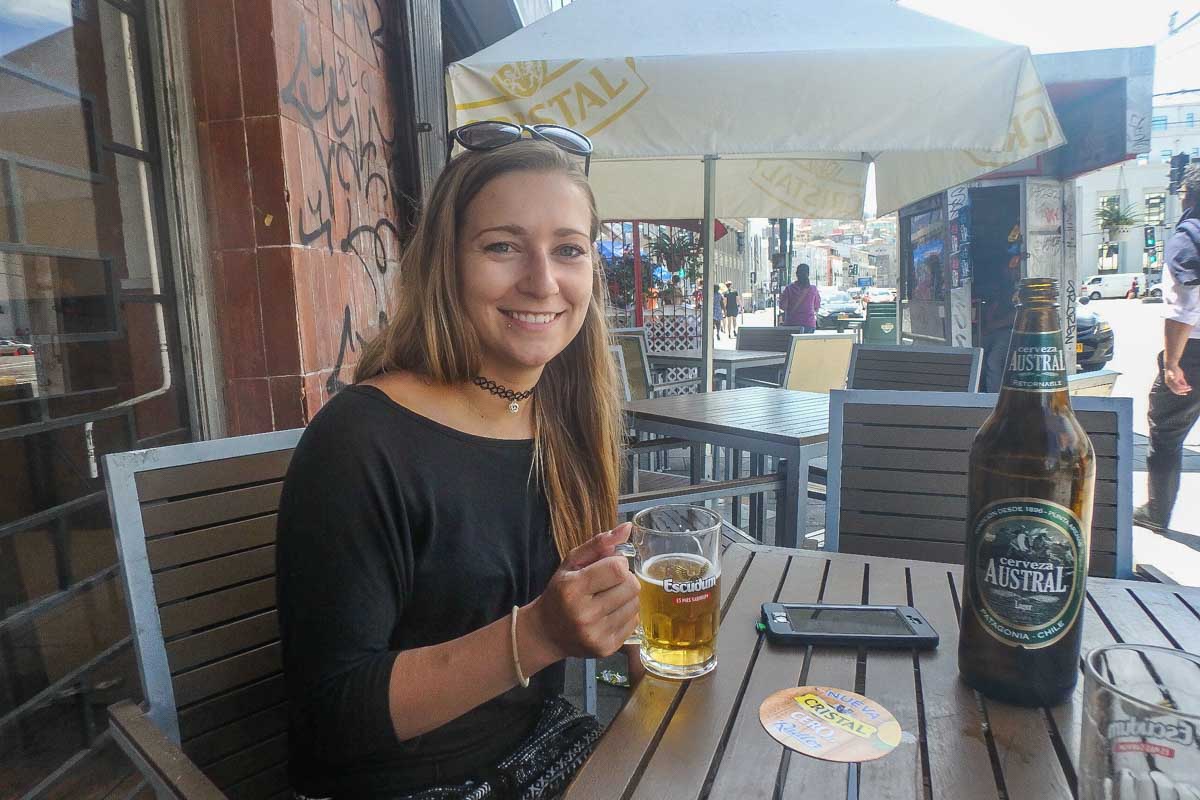 Bailey drinks craft beer in Valparaiso, Chile