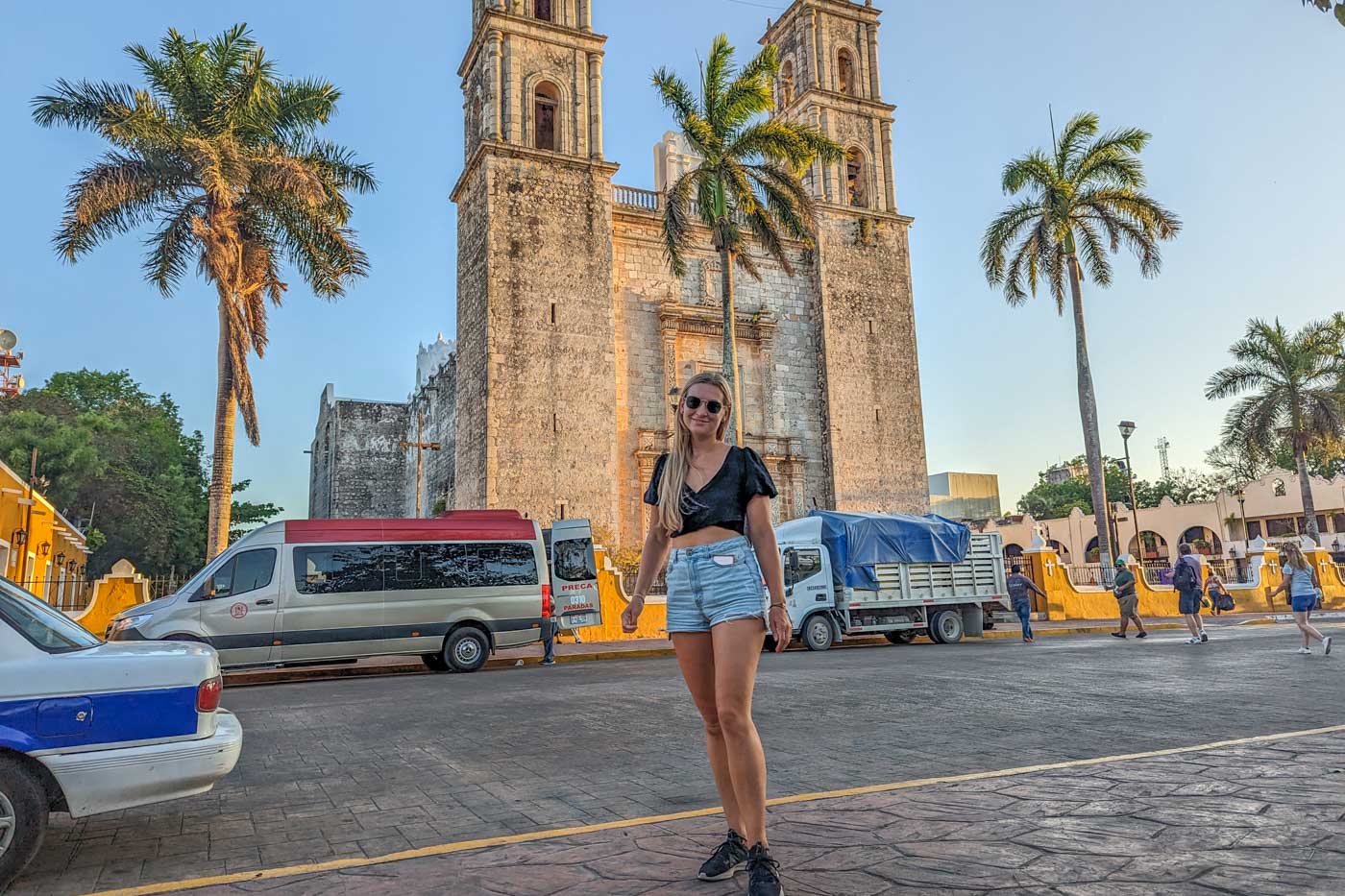 Bailey poses for a photo in front of the cathedral in Valladolid, Mexico