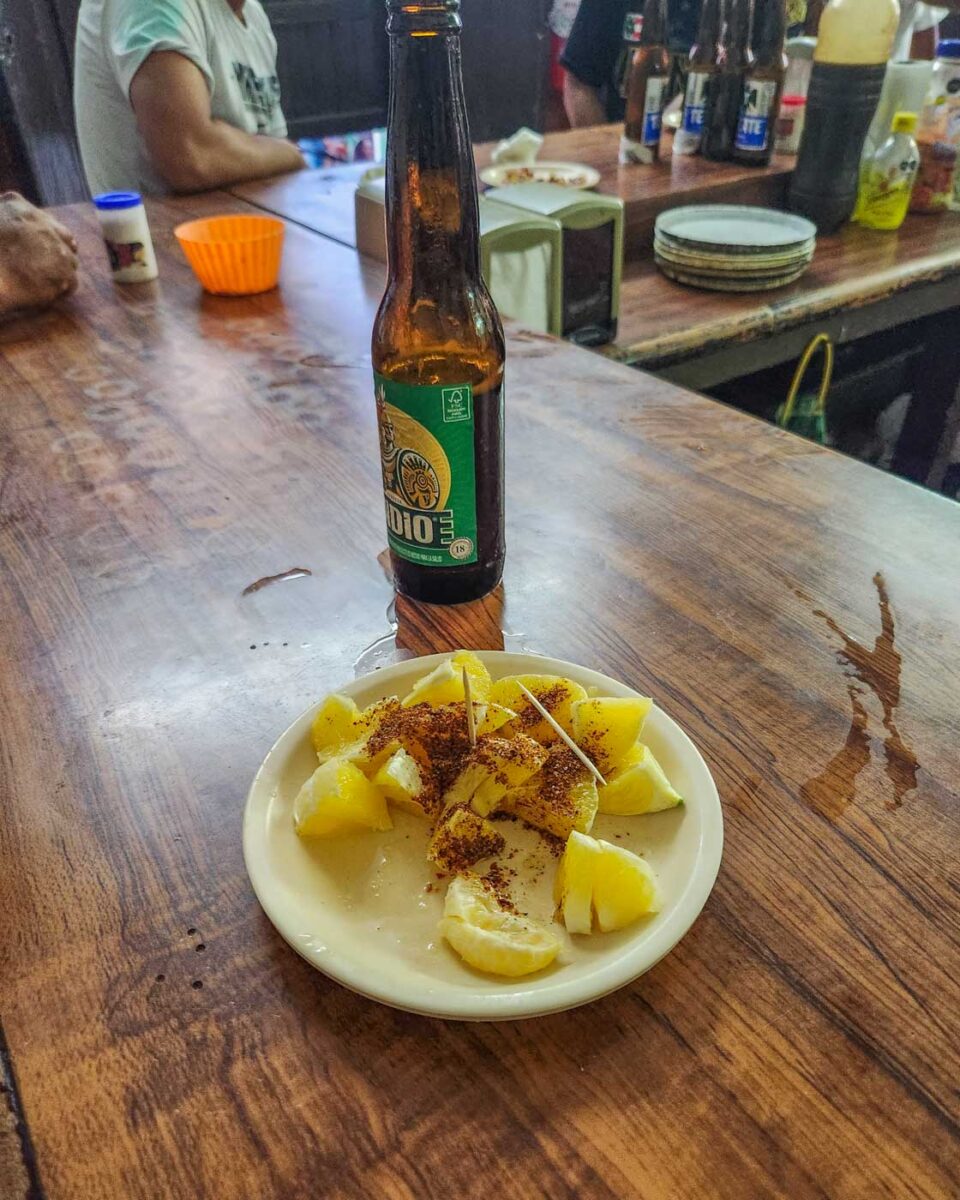 Beer and traditional bar snack at La Joyita Cantina in Valladolid, Mexico