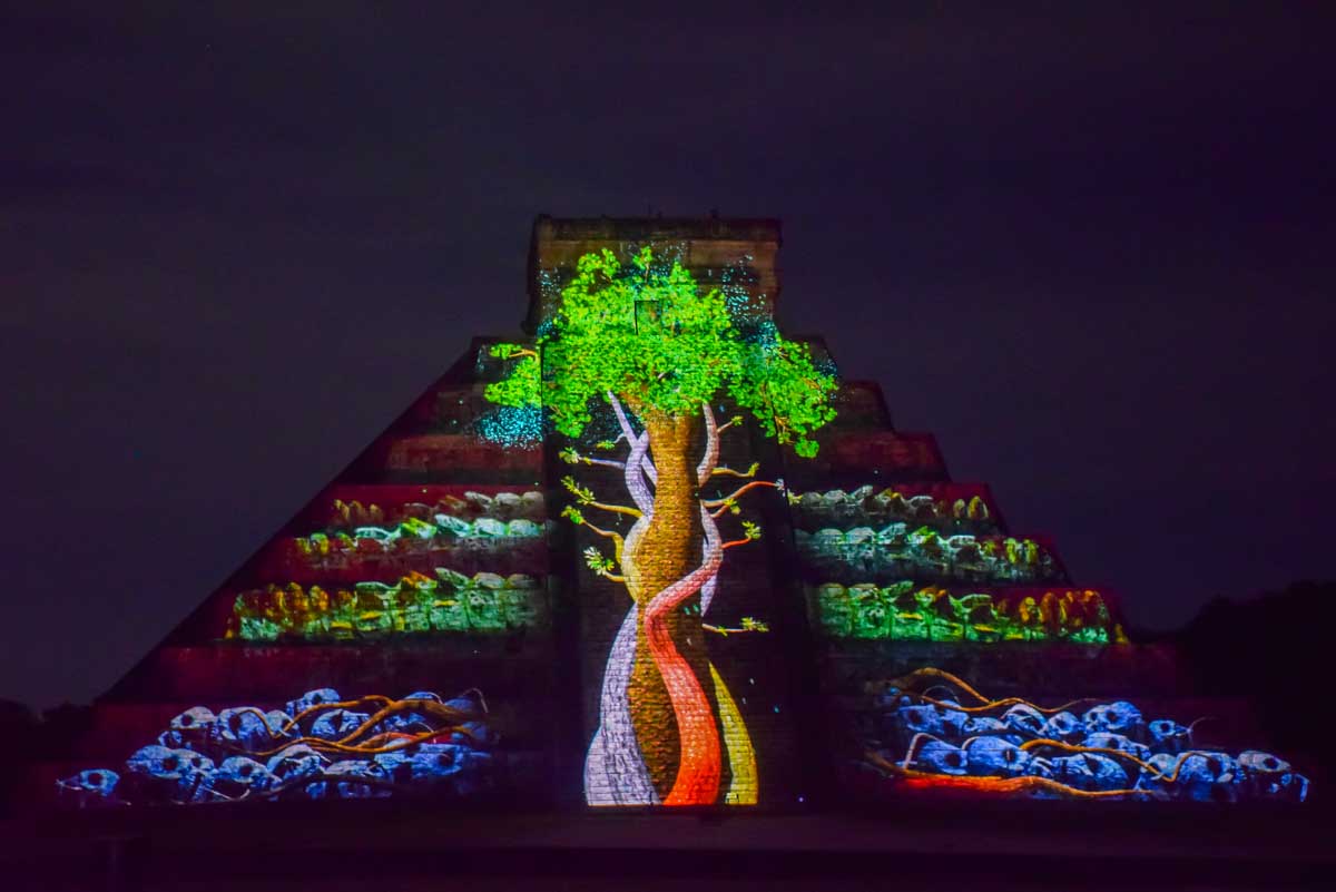 El Castillio Pyramid lit up during the Chichen Itza Night Show 1