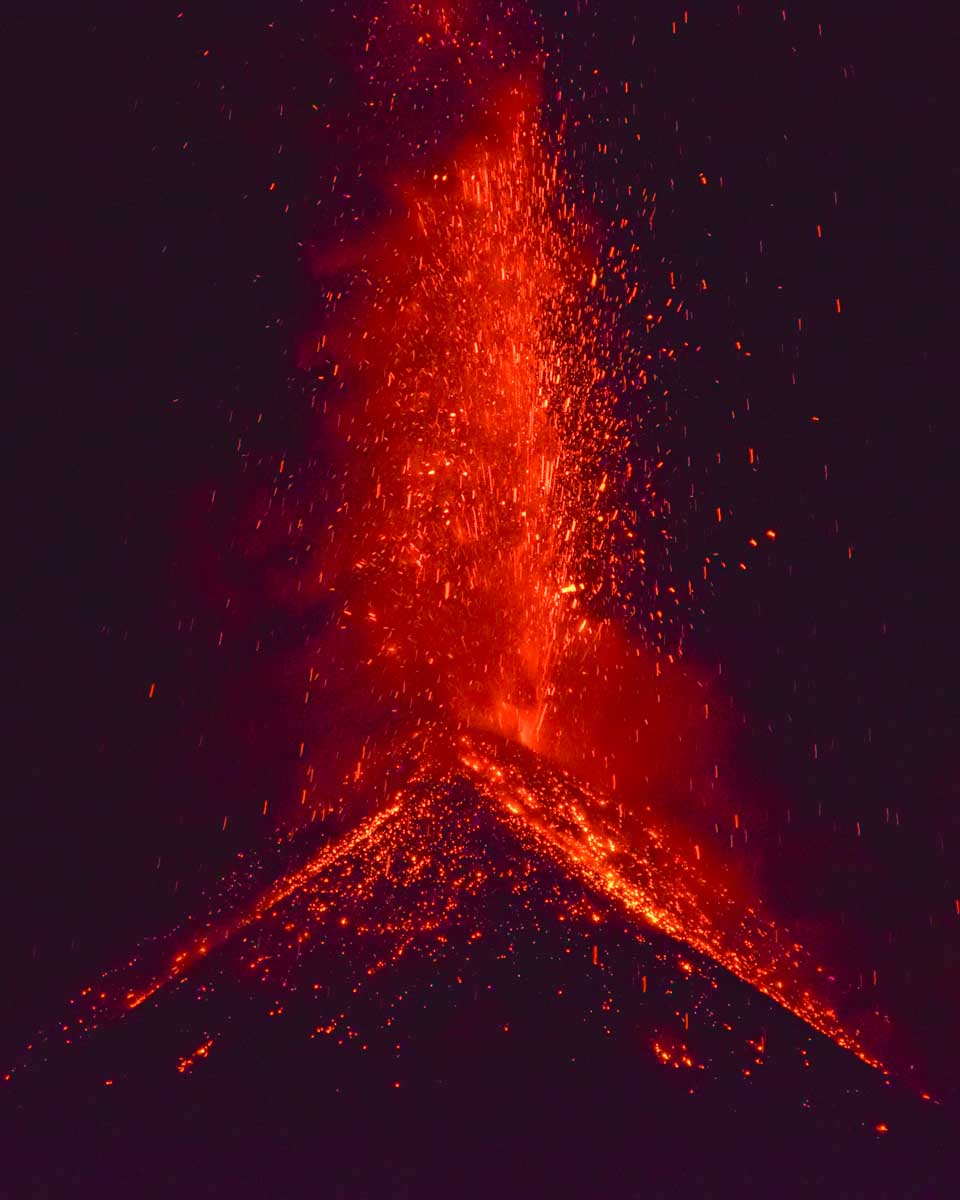Fuego volcano erupts at night