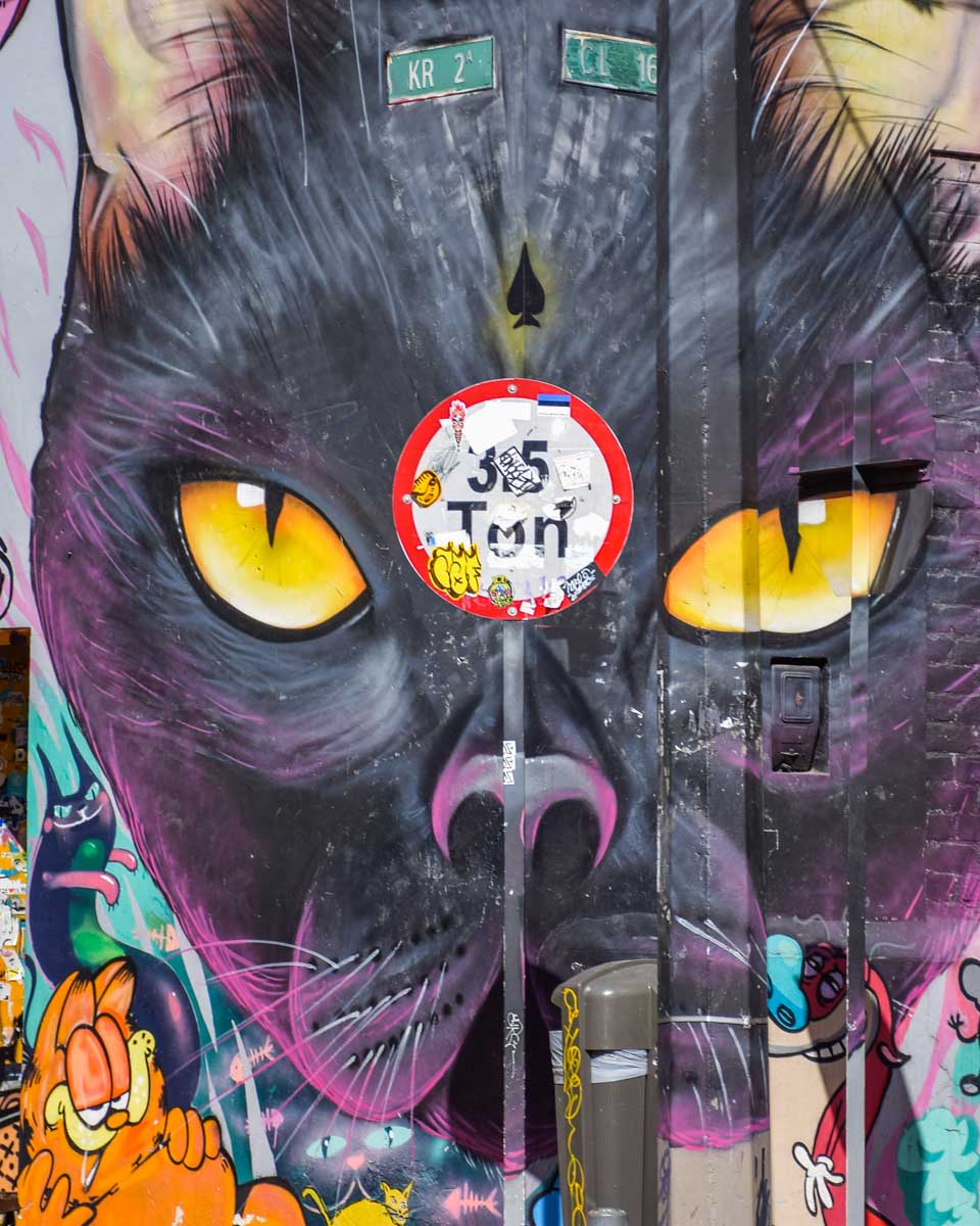 A cat mural on a graffiti tour in Bogota, Colombia