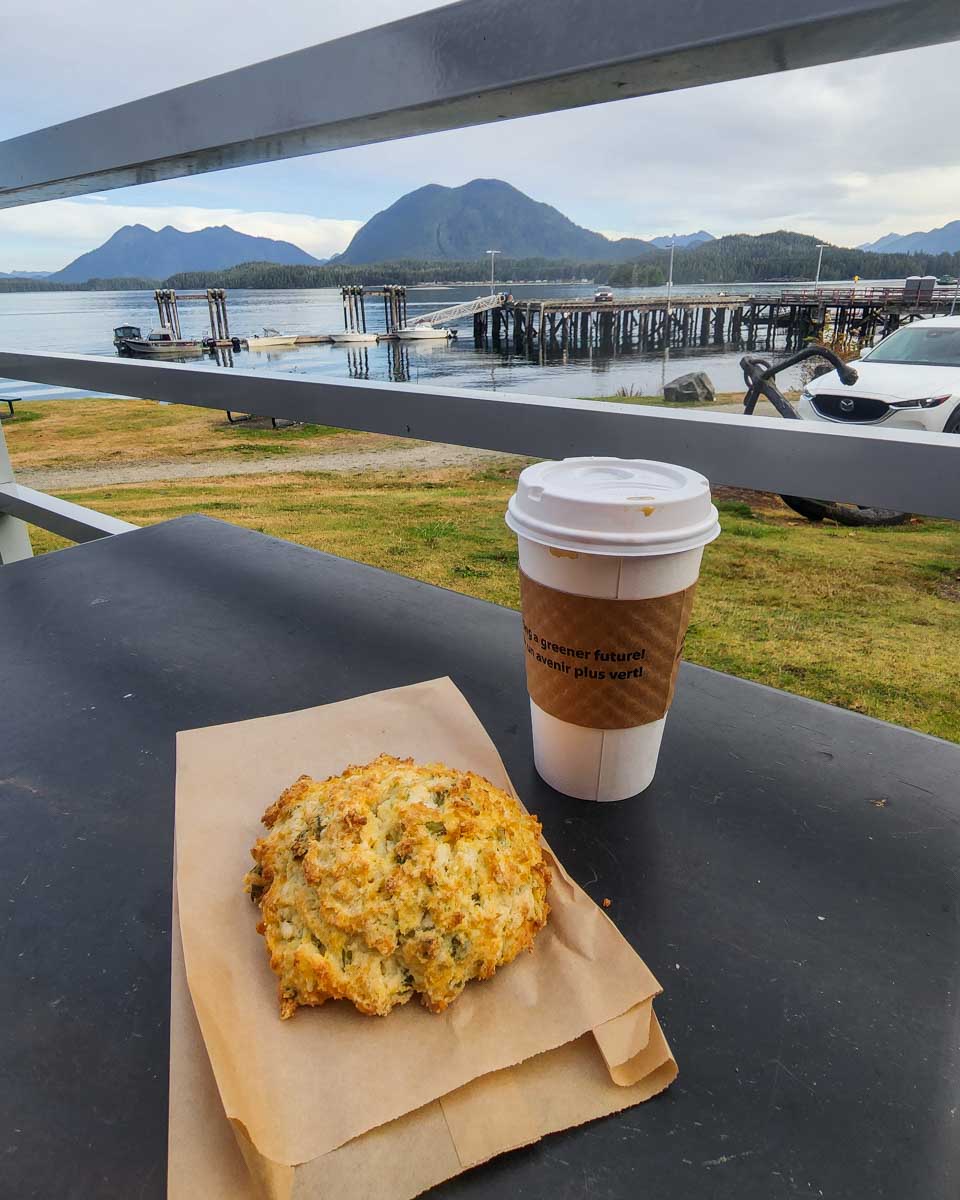 A scone at coffee at Savary Island Pie Company along the waterfront in Tofino.