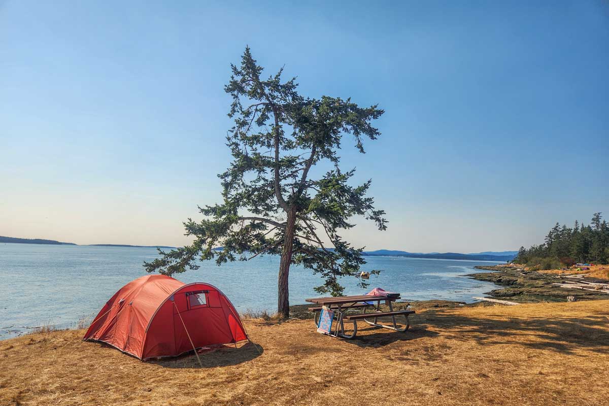A tent setup on the coast in Ruckle Provincial Park, Salt Spring Island