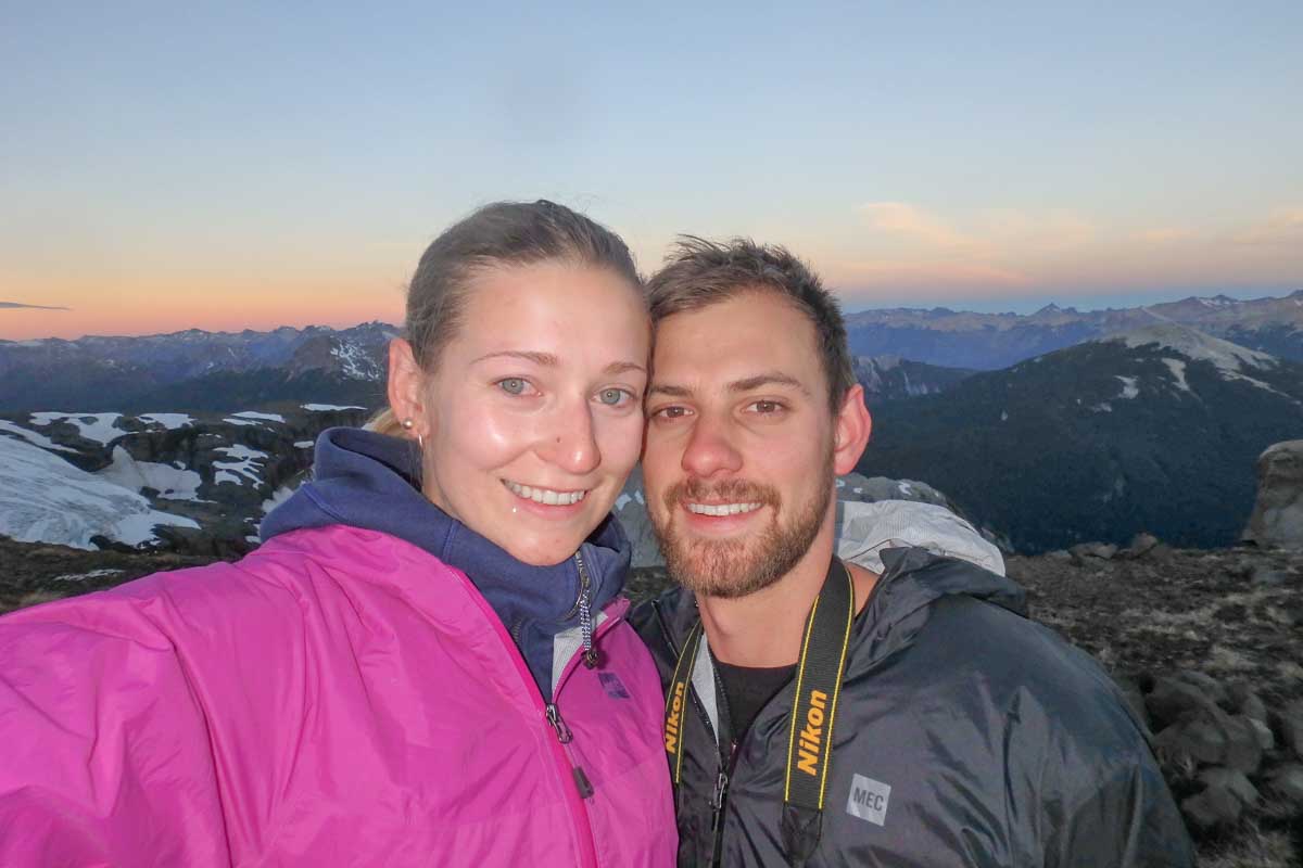 Bailey and Daniel take a selfie at sunset on the Cerro Tronador Hike near Bariloche, Argentina