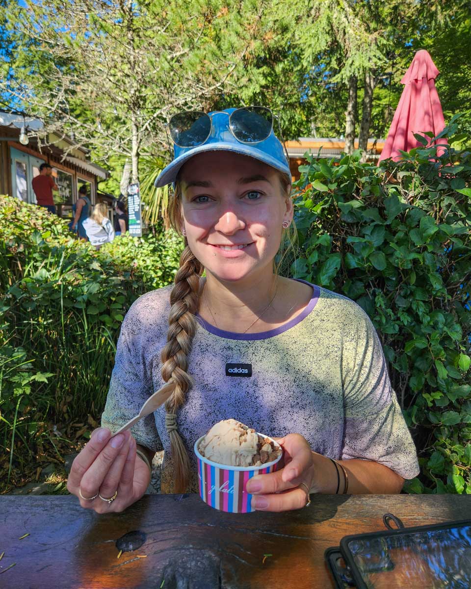 Bailey eats an ice cream at Tofino Chocolate